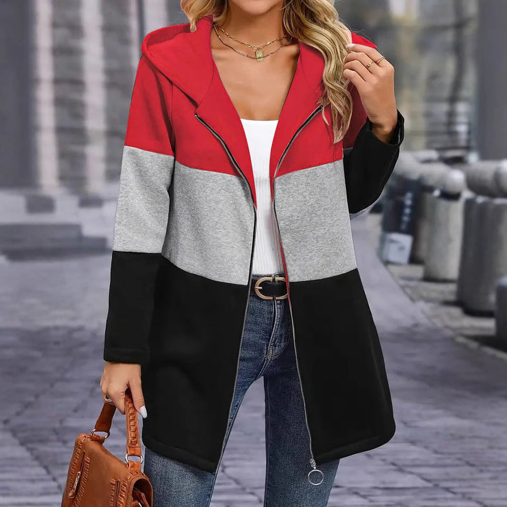 European and american autumn/winter  cross-border women's casual fashion loose color block three-color patchwork hoodie jacket
