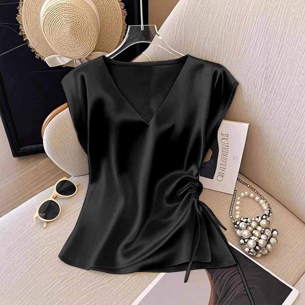 Amazon cross-border fashion independent station women's spring winter new arrival satin shirt v neck drawstring satin tops