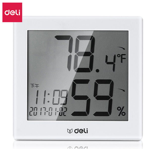 Deli 8813 electronic thermometer student white-collar office desktop simple electronic alarm clock thermometer hygrometer
