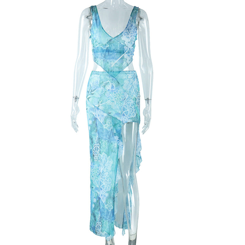 European and american style fashion print irregular top sexy camisole backless tie-up slit bodycon midi skirt set