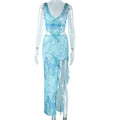 European and american style fashion print irregular top sexy camisole backless tie-up slit bodycon midi skirt set