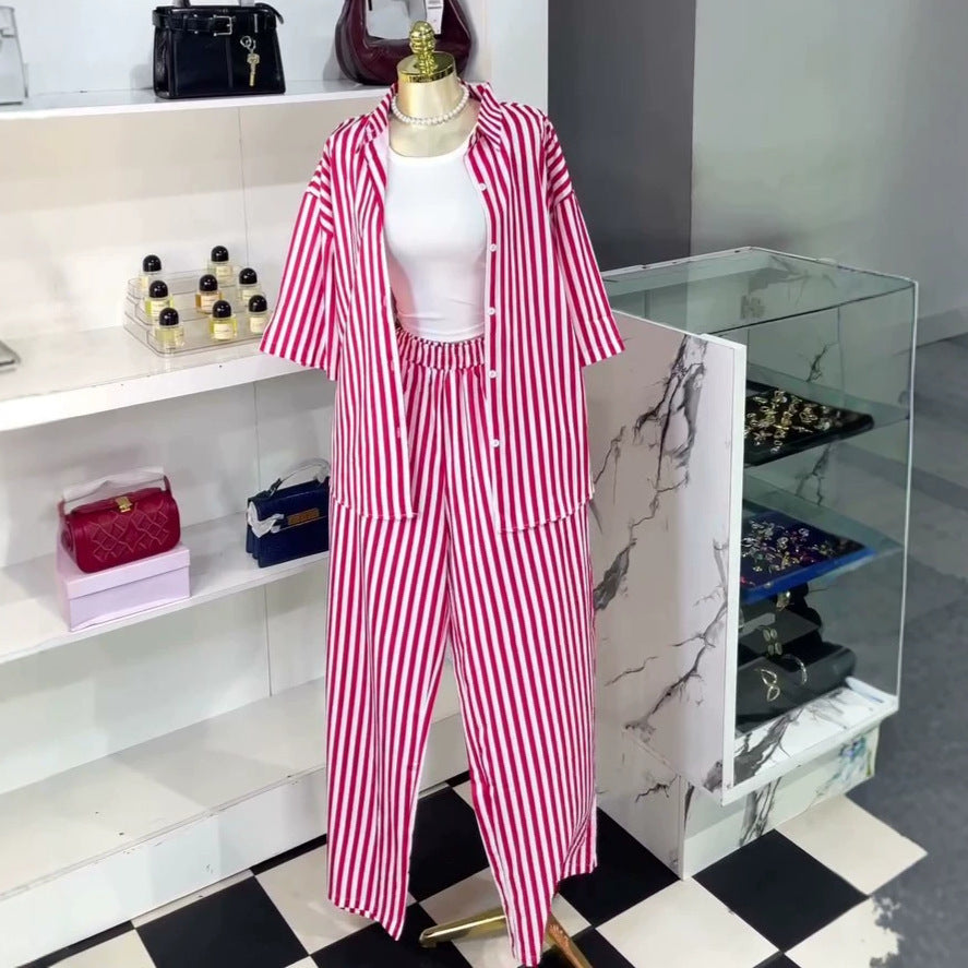 European and american cross-border women's clothing  summer new arrival: elegant casual color block striped turn-down collar shirt and high-waisted pants set