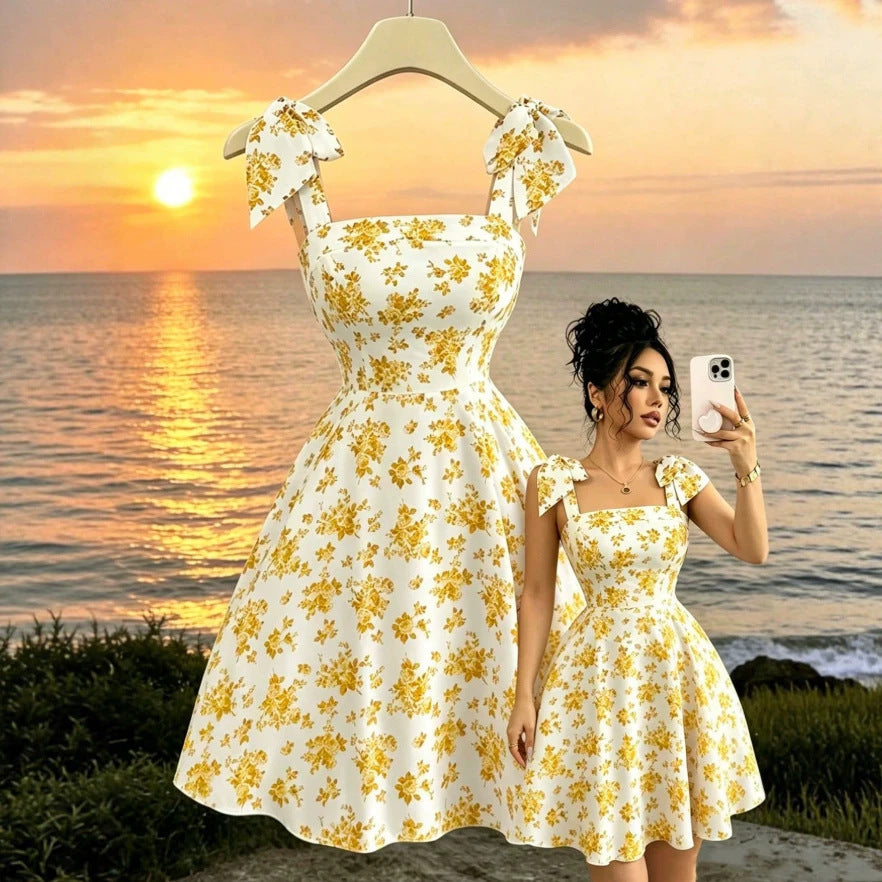 european and american cross-border new arrival: square neck, cinched waist, printed bubble sleeve dress
