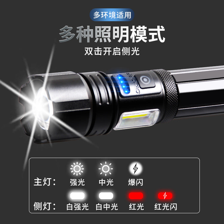 Cross-border new Type-c charging side light red and white power display white laser LED telescopic zoom output flashlight