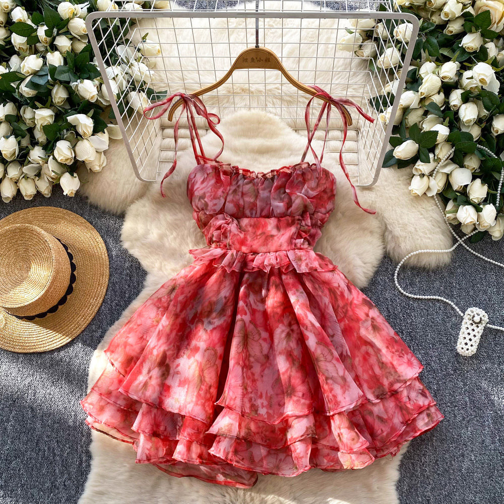 Birthday dress for women, french sweet, palace style, waist slimming look, elegant suspender mesh printing puffy dress