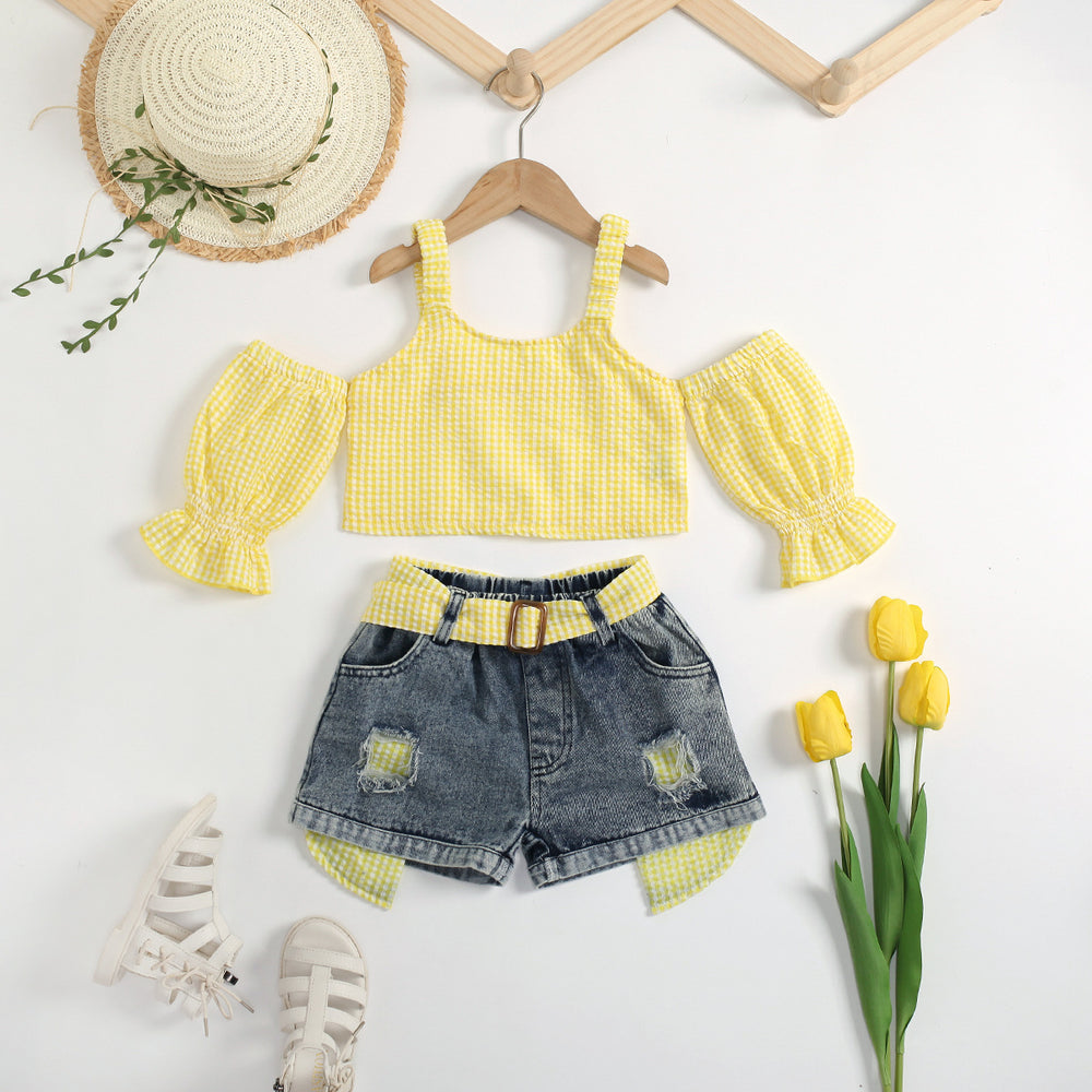 summer new arrival: trendy ins-style cross-border e-commerce export two-piece set for girls - off-shoulder cami with puff sleeves, sweet and adorable