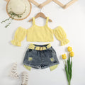 summer new arrival: trendy ins-style cross-border e-commerce export two-piece set for girls - off-shoulder cami with puff sleeves, sweet and adorable
