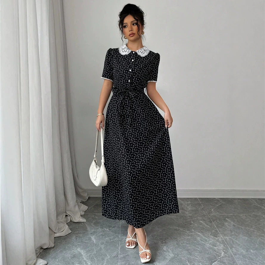 summer new arrival: french retro elegant lace patchwork polka dot dress