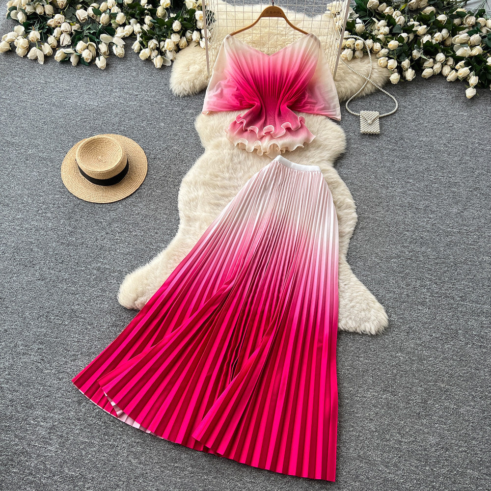 Dopamine dress gradient color pleated silmsuit women's summer waist slimming lookcardigan pleated skirt two-piece set work clothing