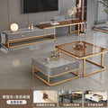 Gold frame white drawer | modern grey coffee table + tea glass tv stand