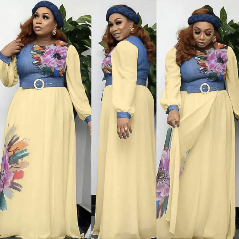 African women's plus size new fashion elegant high waist slimming printed long sleeve dress - cross-border supply, ready stock