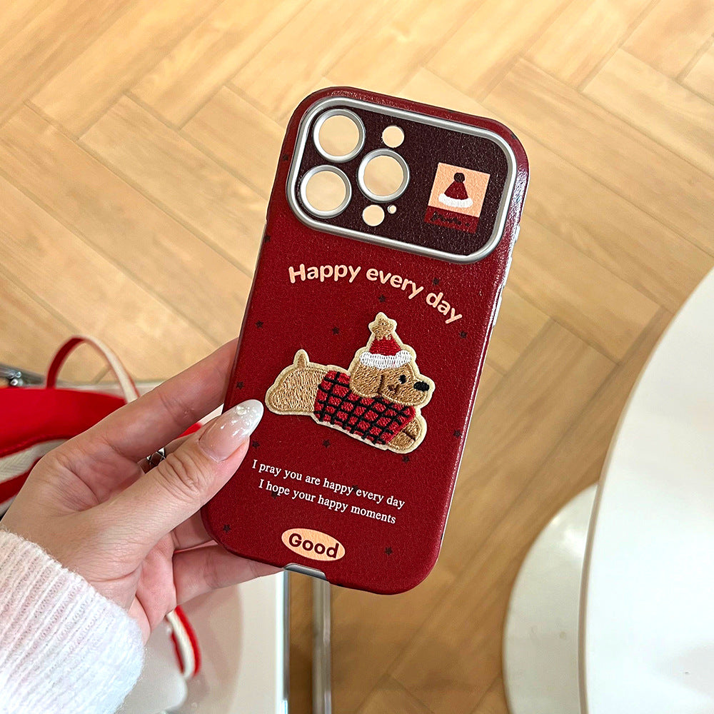 Red hat puppy compatible apple iphone 17 shockproof phone case, leather texture, large view window, iphone 16 pro max protective cover