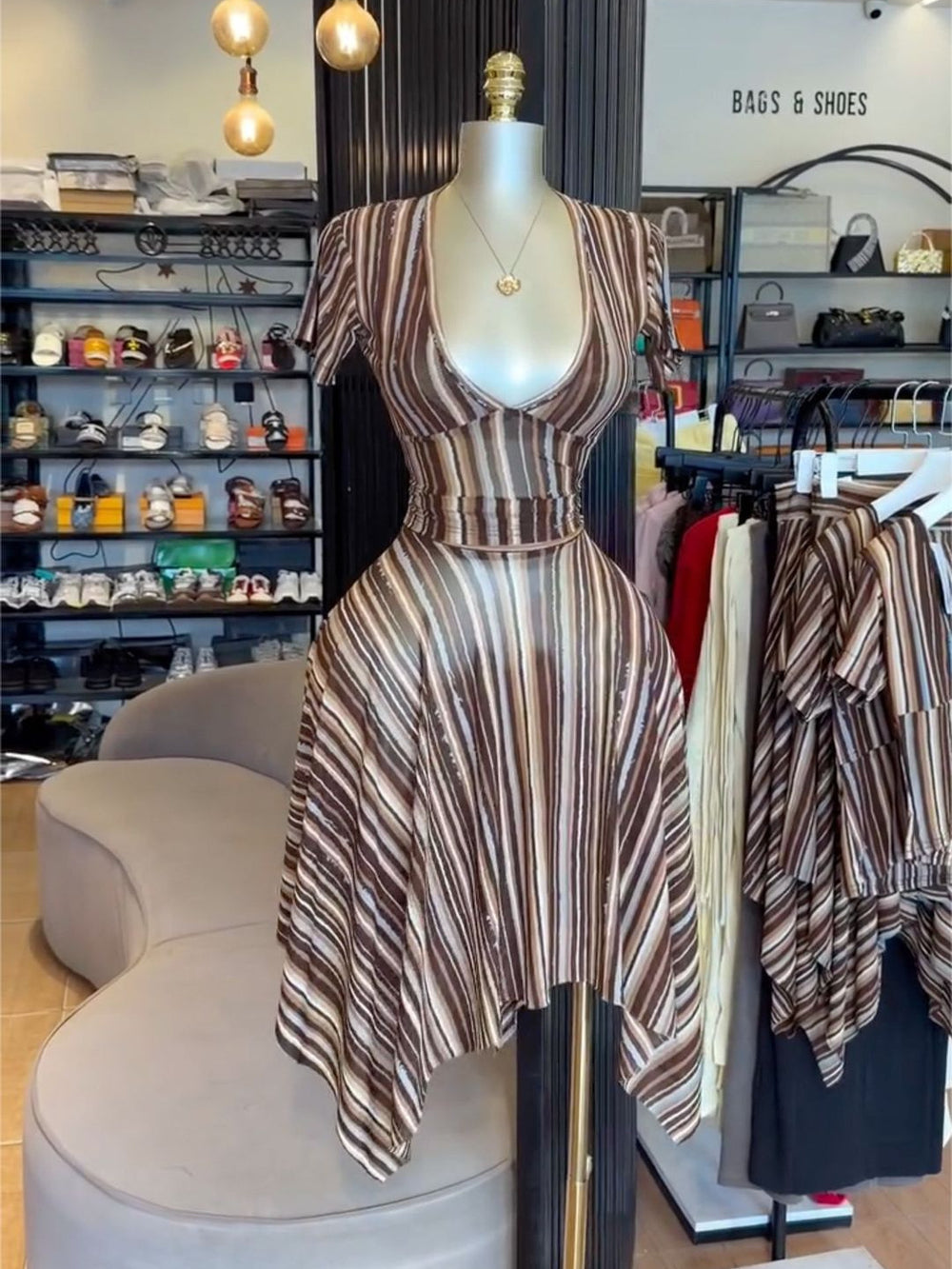 European and american cross-border women's fashion  summer new sexy elegant v-neck striped print top and midi skirt set