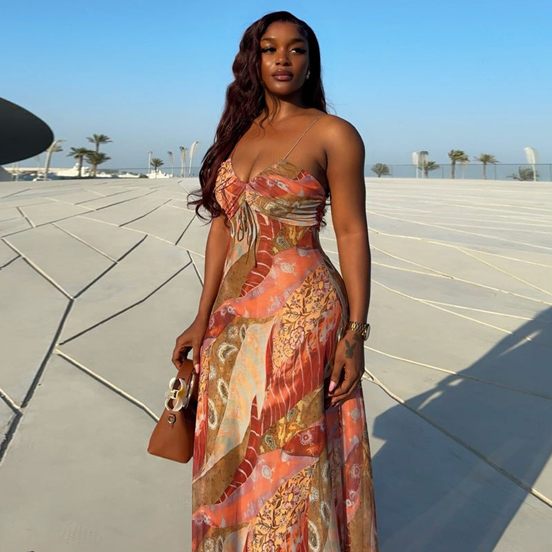 European and american style export print lightweight women's sexy backless bodycon dress with spaghetti straps for casual vacation