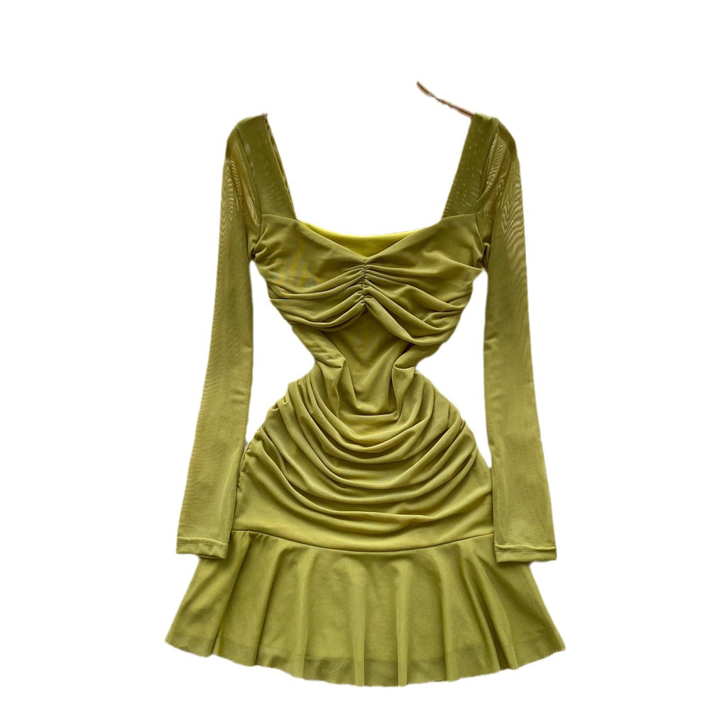 Pure desire sexy women's dress autum pleated waist elegant square neck long sleeves ruffles mesh skirt