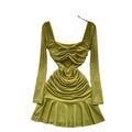 Pure desire sexy women's dress autum pleated waist elegant square neck long sleeves ruffles mesh skirt