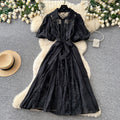 Accessible luxury style puff sleeve embroiderdress women's tie backk-style waist slimming lookclassyelegant large swing long skirt