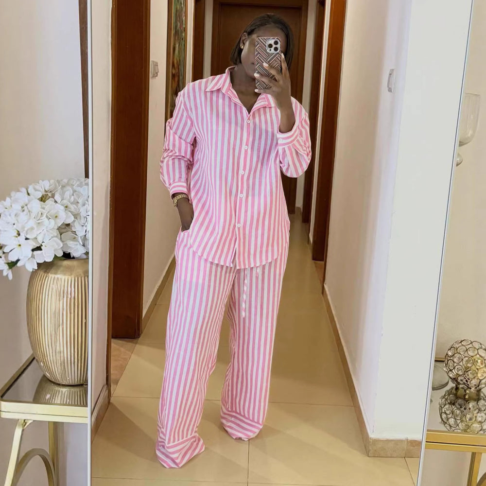European and american cross-border women's spring  new collection: sweet and fresh striped loose-fit shirt and wide-leg pants casual set