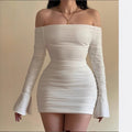 European and american cross-border women's fashion  spring new arrival: solid color flared long sleeve bandeau off-the-shoulder bodycon sexy dress