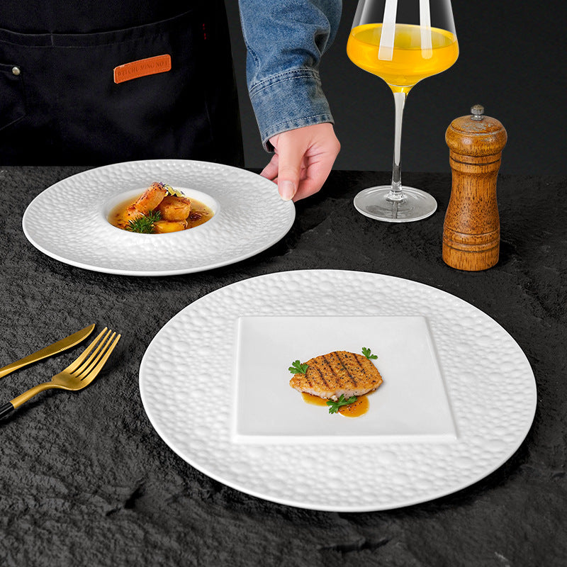 Modern minimalist white ceramic plate - embossed creative design for restaurant, hotel, and home use - premium, unique serving dish