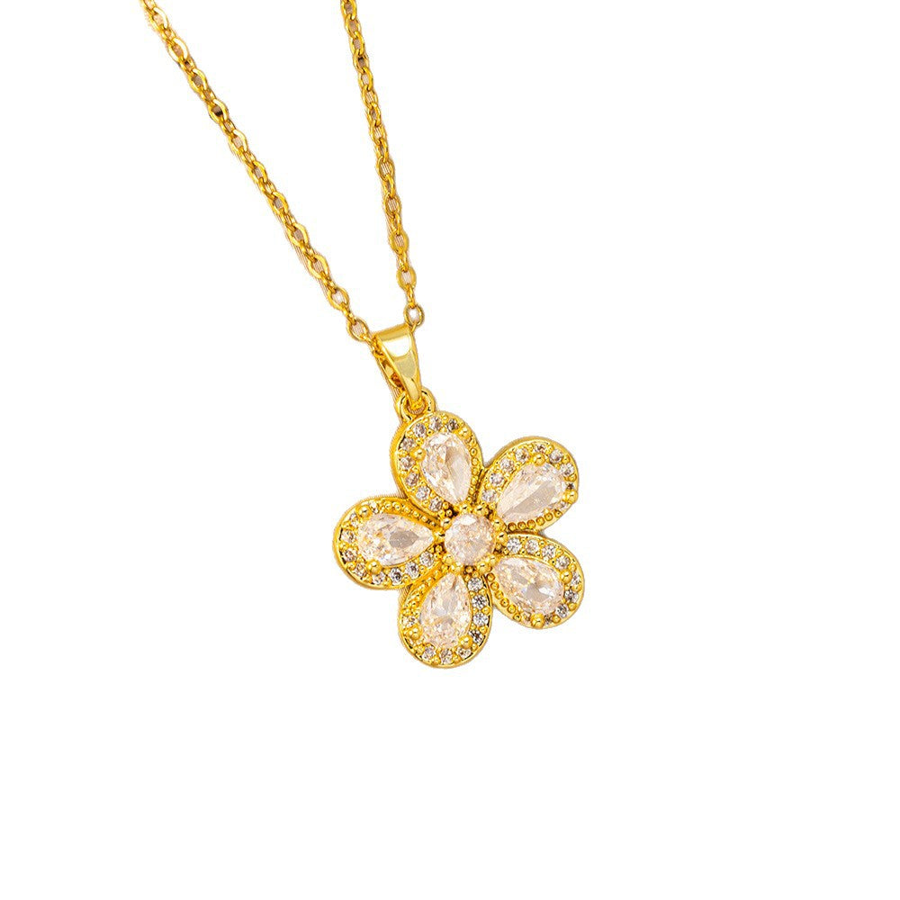 [copper inlaid with zirconium] cross-border popular diamond-encrusted titanium steel flower necklace for women, high-end, accessible luxury fashion clavicle chain jewelry