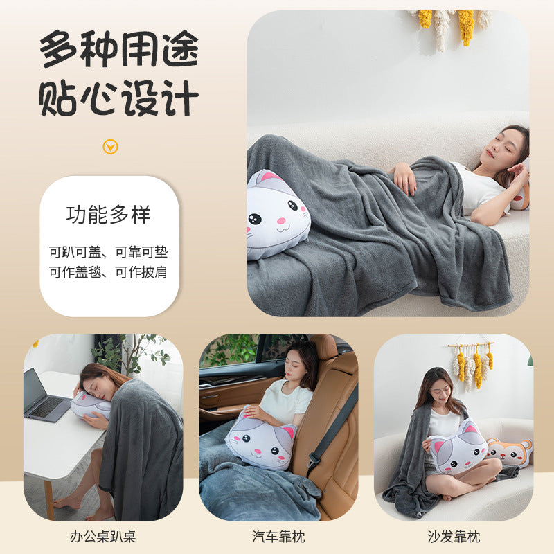 Cartoon plush pillow blanket 2-in-1: foldable throw pillow, quilt, car blanket, office flannel air conditioning blanket