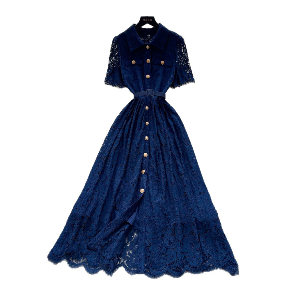 French chic pink lace dress for women, 2026 summer collection: short sleeve, turn-down collar, cinched waist, a-line silhouette - effortless elegance