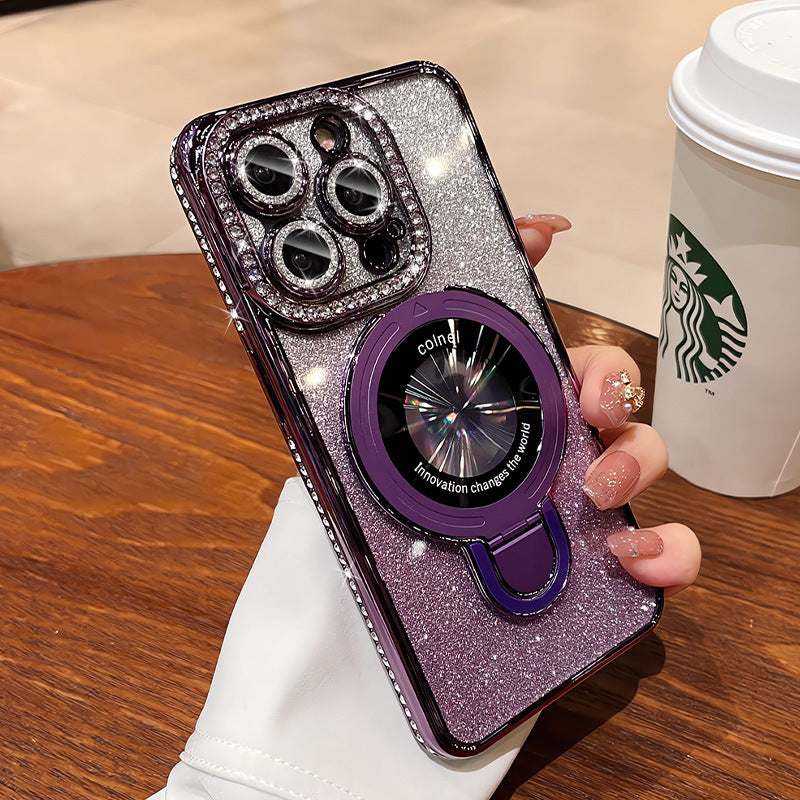 Suitable for apple 16promax electroplated glitter luxury rhinestone high-end mobile phone case iphone17 magnetic holder