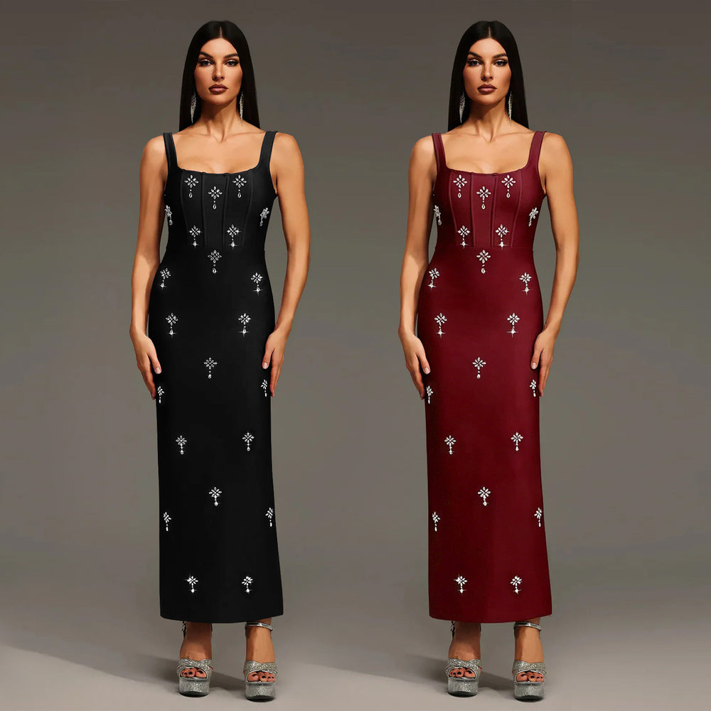 C7657 cross-border   fashion women's elegant rhinestone strap backless dress