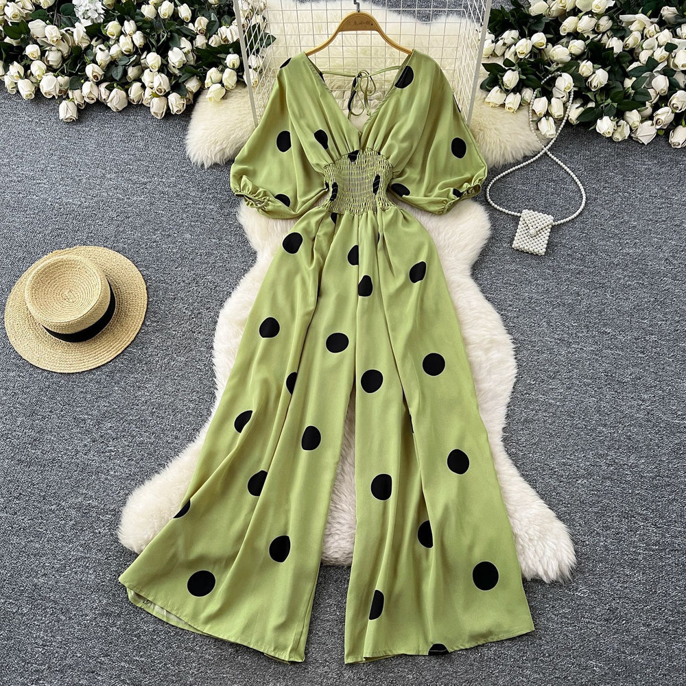 Fashion style polka dot puff sleeve jumpsuit women's summerv neck waist loose wide leg fried street elegant royal sister pants