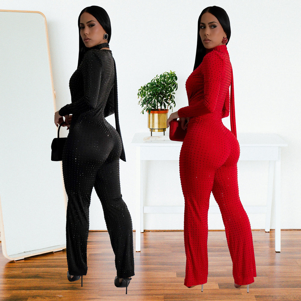 C7213 cross-border   fashion women's sexy v-neck long sleeve rhinestone arm cover jumpsuit new