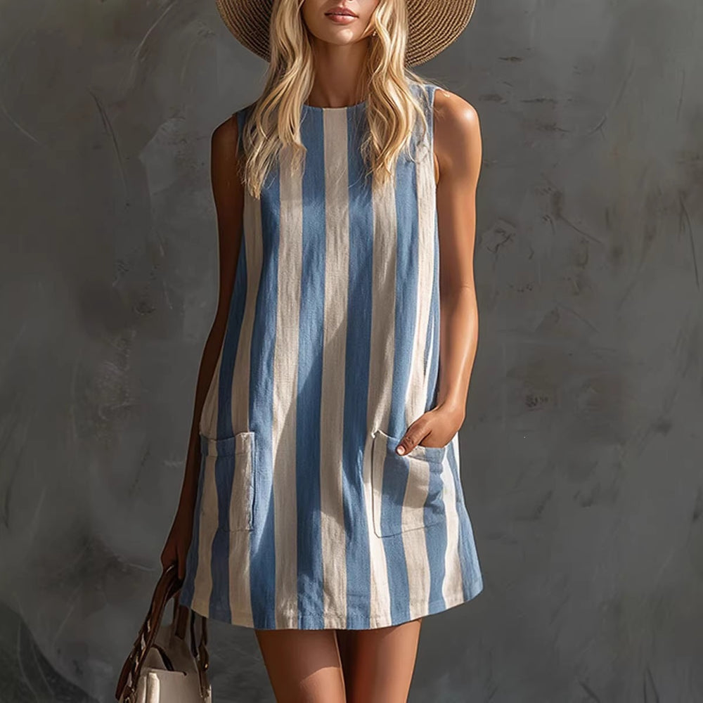 New european and american  fashion retro striped sleeveless crew neck cotton linen mini dress