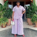 European and american women's clothing  autumn new collection: sweet and fresh striped turn-down collar short-sleeve shirt and high-waisted wide-leg pants two-piece set