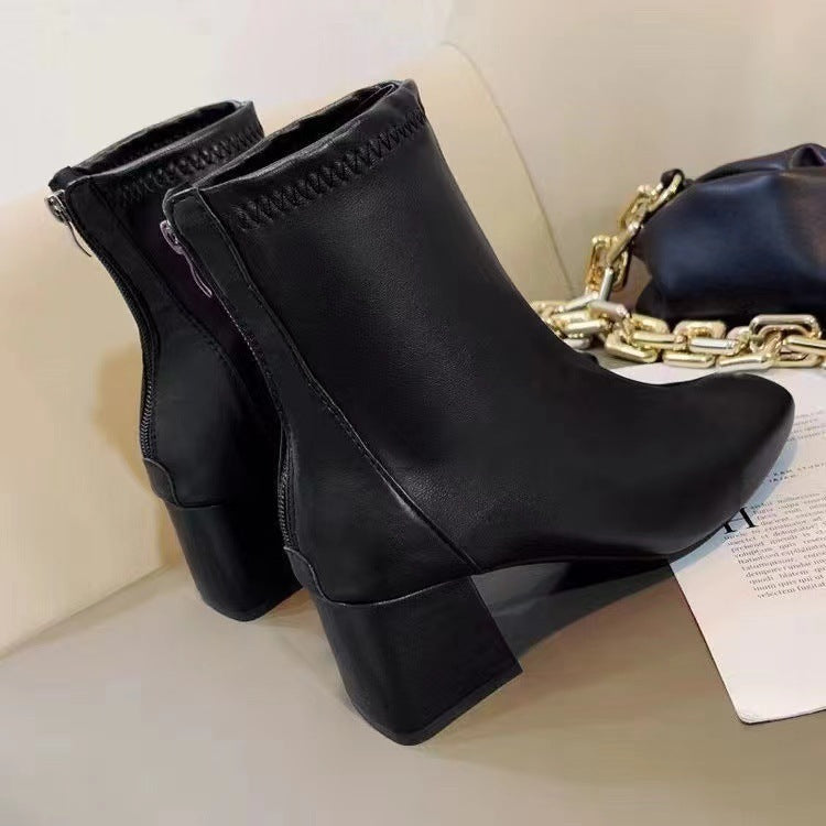 Martin boots for women 2024 new women's boots winter fashion square toe back zipper leather boots women's thick heel mid heel boots for women