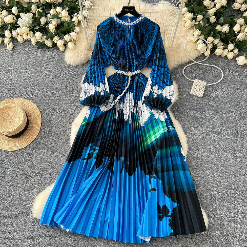 European and american style high-end round neck beaded lantern sleeve pearl belt waist-defining elegant long printed pleated dress
