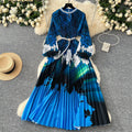 European and american style high-end round neck beaded lantern sleeve pearl belt waist-defining elegant long printed pleated dress