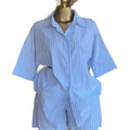 European and american cross-border women's fashion:  autumn new collection - stylish turn-down collar striped short-sleeve shirt and wide-leg shorts casual set