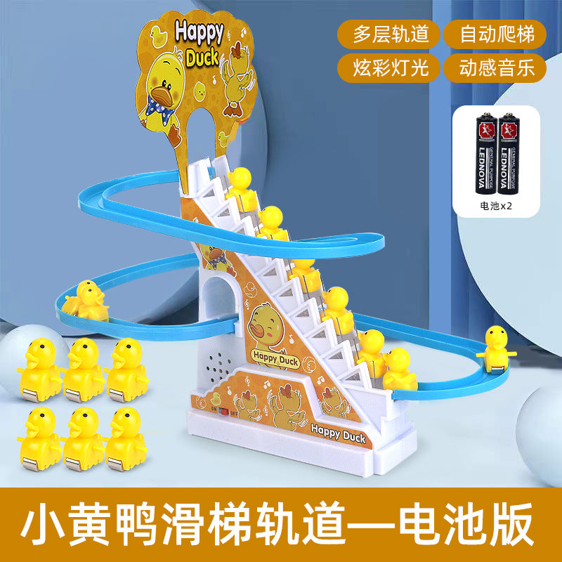 Influencer-approved little yellow duck climbing stairs educational electric track toy with slide for baby girls, boys, and toddlers