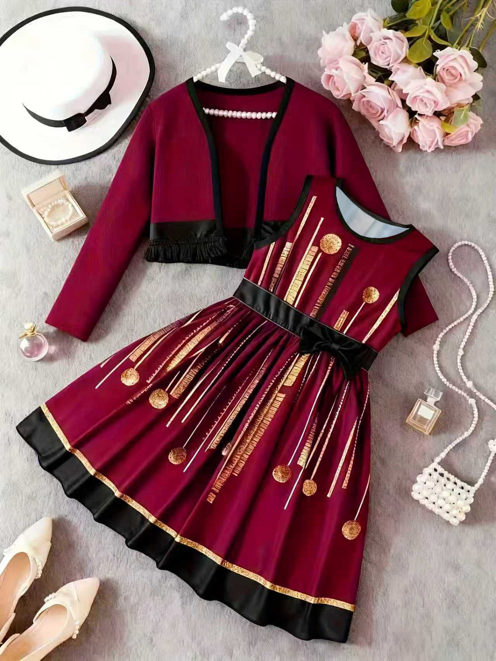 girls' skirt set: pink tank dress with long-sleeved jacket, autumn outfit for girls, two-piece children's set