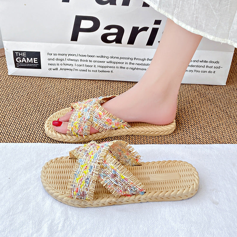 2024 summer new women's fashion slippers retro colorful braided criss-cross strap sandals women's outdoor versatile beach shoes