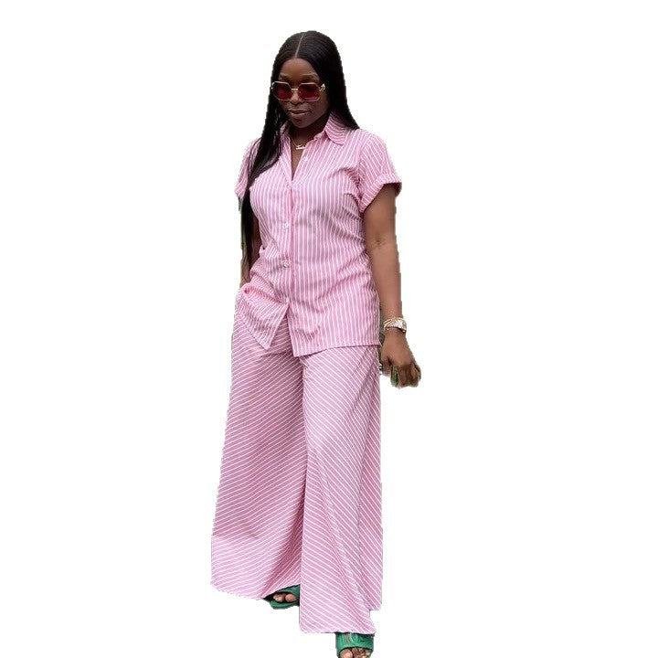 European and american cross-border women's clothing  summer new arrival: african-inspired fashion pink striped short-sleeve shirt and wide-leg pants set
