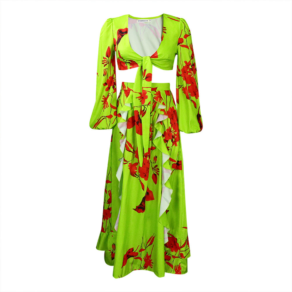 C8467  summer new fashion sexy printed tie-up top and midi skirt european and american two-piece outfit