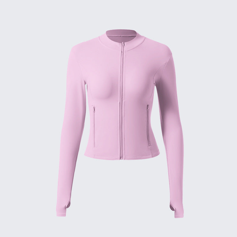 New zipper stand-up collar long-sleeved yoga clothes women's outdoor running fitness with chest pad thumb hole nude sports long sleeves