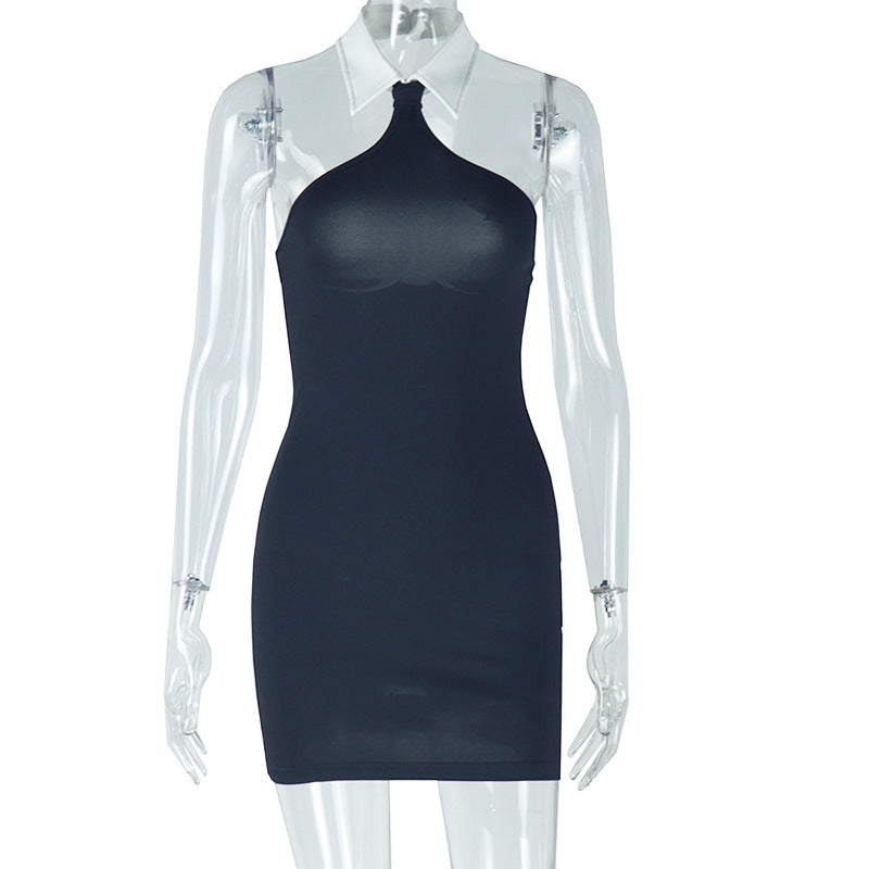 European and american style cross-border fashion women's backless bodycon solid color bodycon dress sleeveless mid-waist halter neck shirt dress