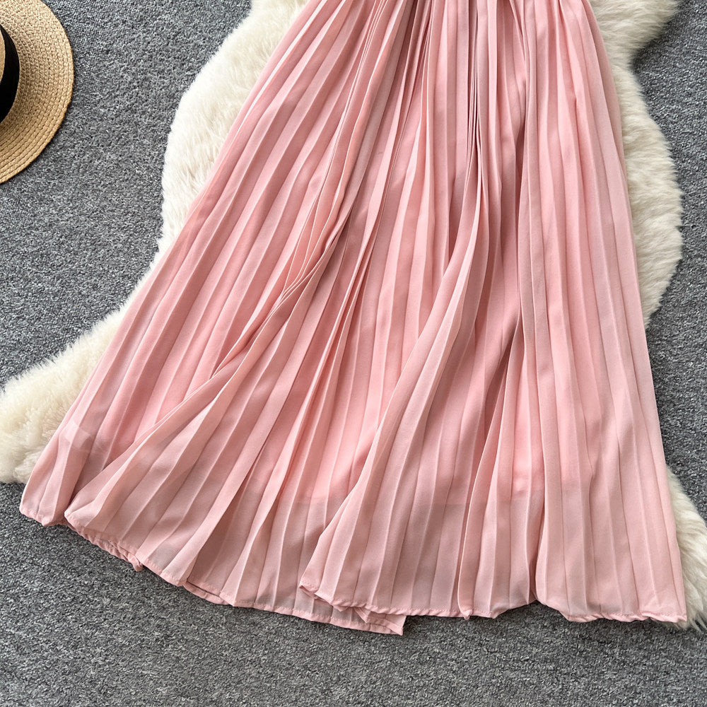 Luxury chic diamond-embellished halter dress - pink summer sleeveless high-waisted a-line pleated maxi dress - premium quality