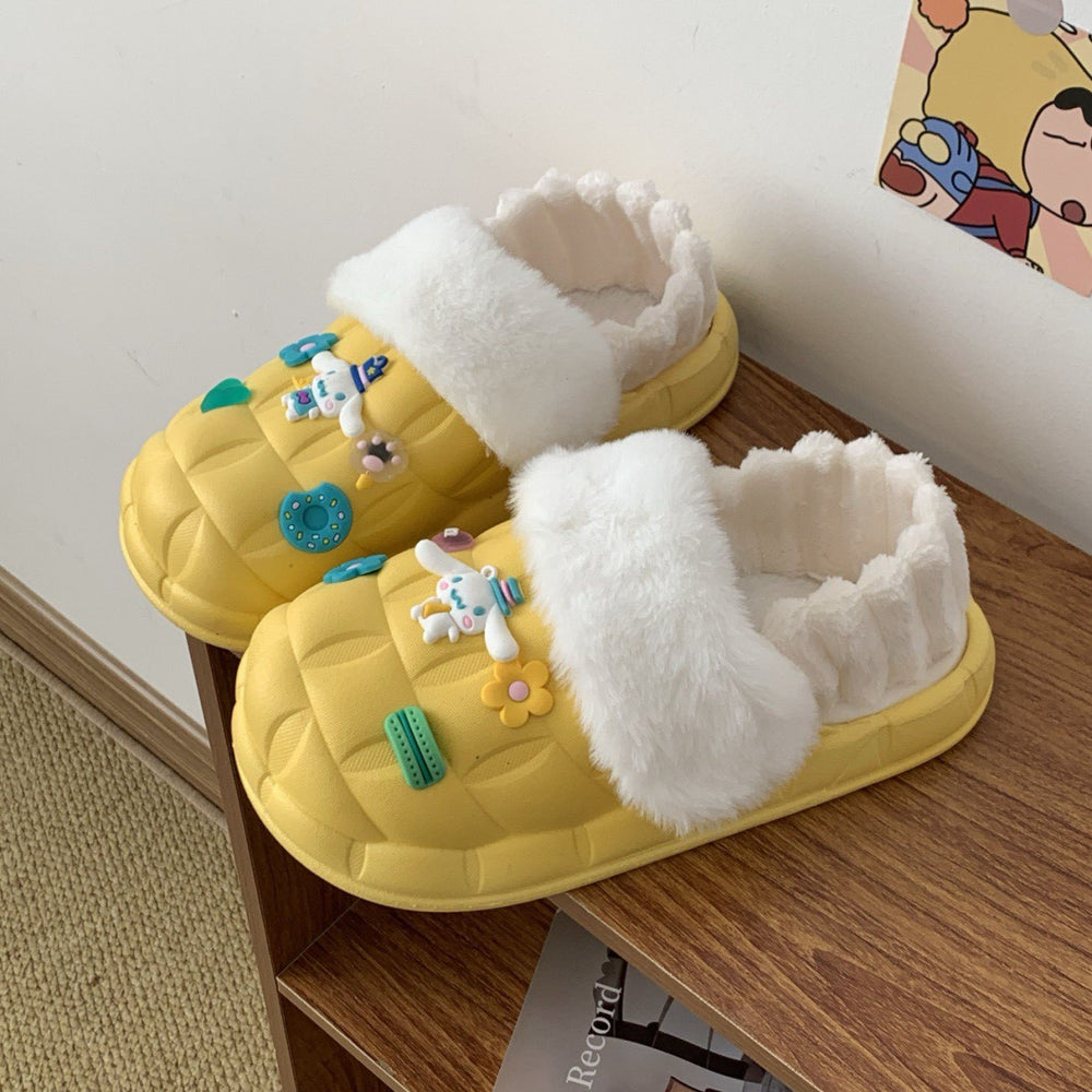 2025 cotton slippers - removable & washable, women's winter home & outdoor wear, thick sole, closed heel, fleece-lined, cartoon design, warm & cozy