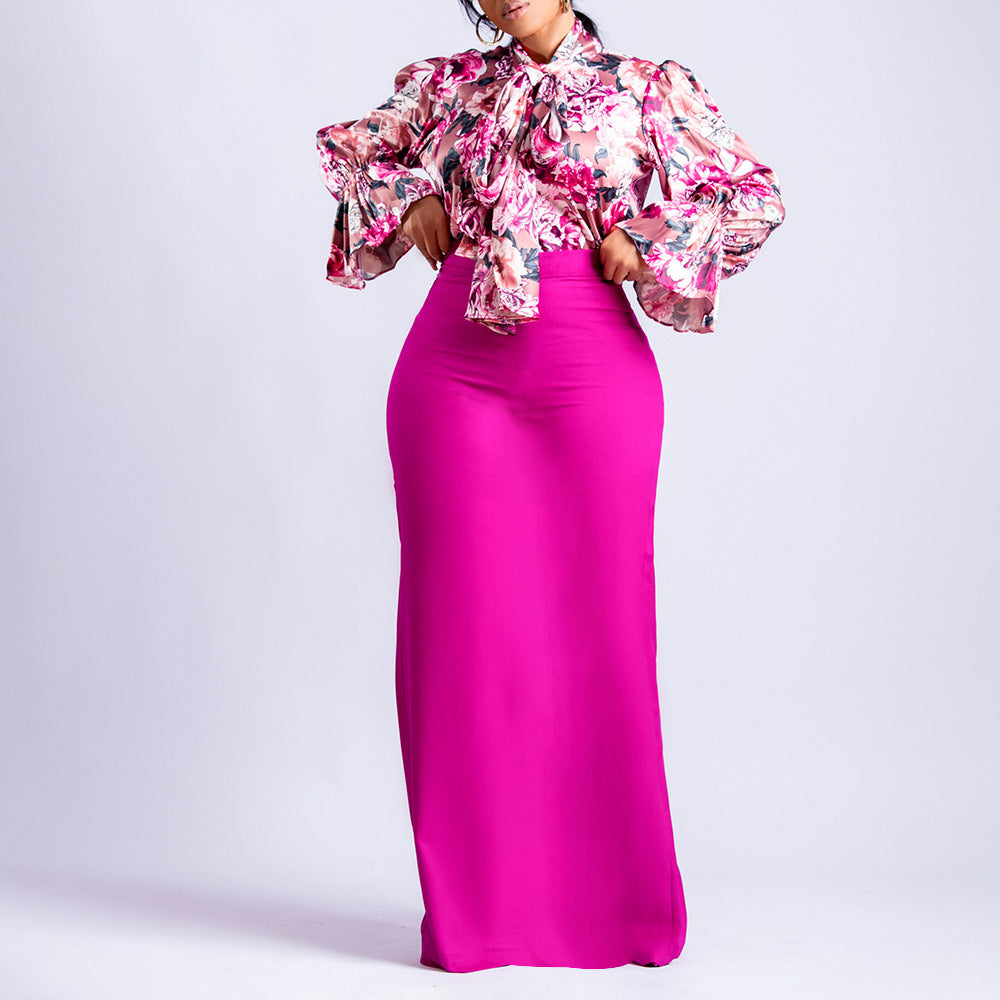 D323 european and american clothing  new fashion printed tie-up long sleeve shirt and midi skirt two-piece set - cross-border