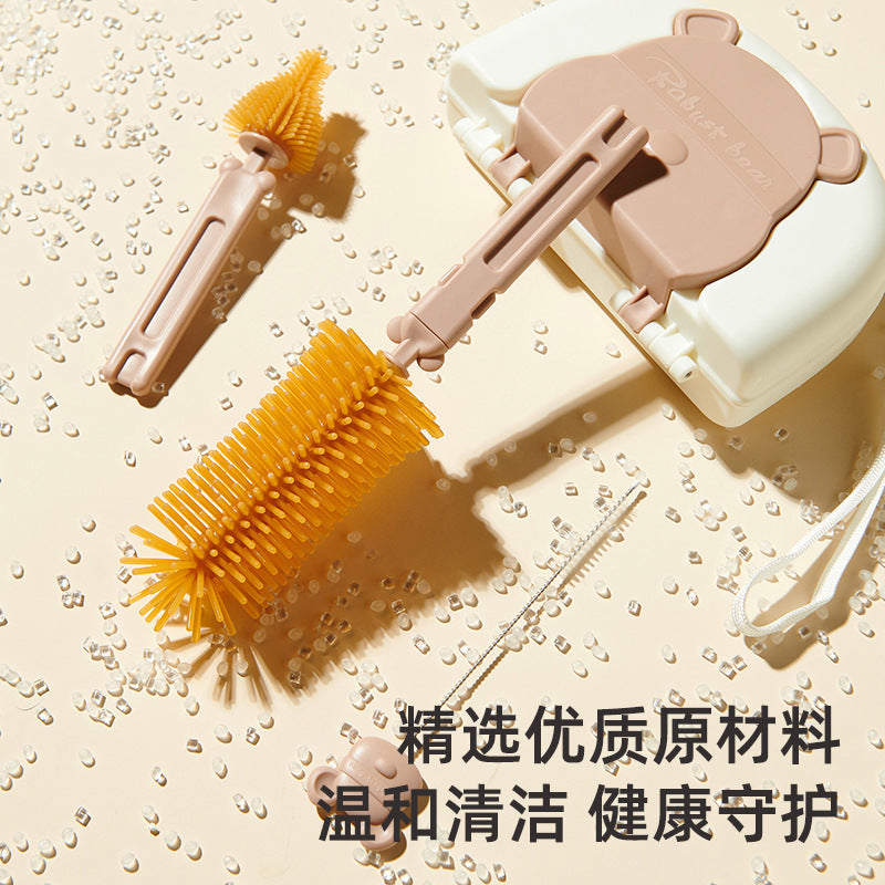 Infant and toddler cleaning brush set - includes straw brush, cup brush, drain rack, and storage box - baby silicone bottle brush