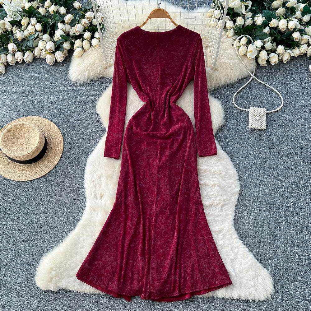 Frenchretrov necklong sleevesdress women's fall and winternew arrivalclassy sense silm waist pleated royal sister long skirt
