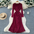 Frenchretrov necklong sleevesdress women's fall and winternew arrivalclassy sense silm waist pleated royal sister long skirt